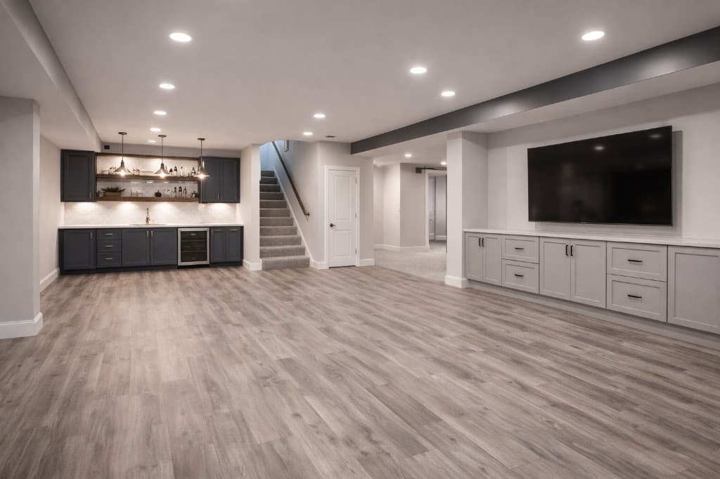 Finished basement with painted walls and trim from the Byout Renovations portfolio