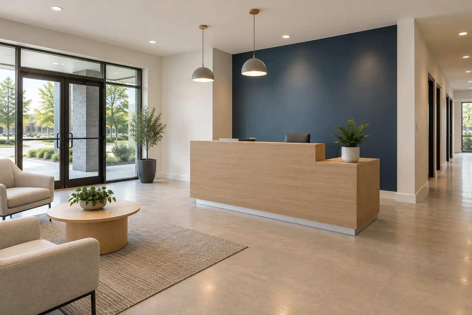 Bright office reception with freshly painted neutral walls and a deep blue feature wall