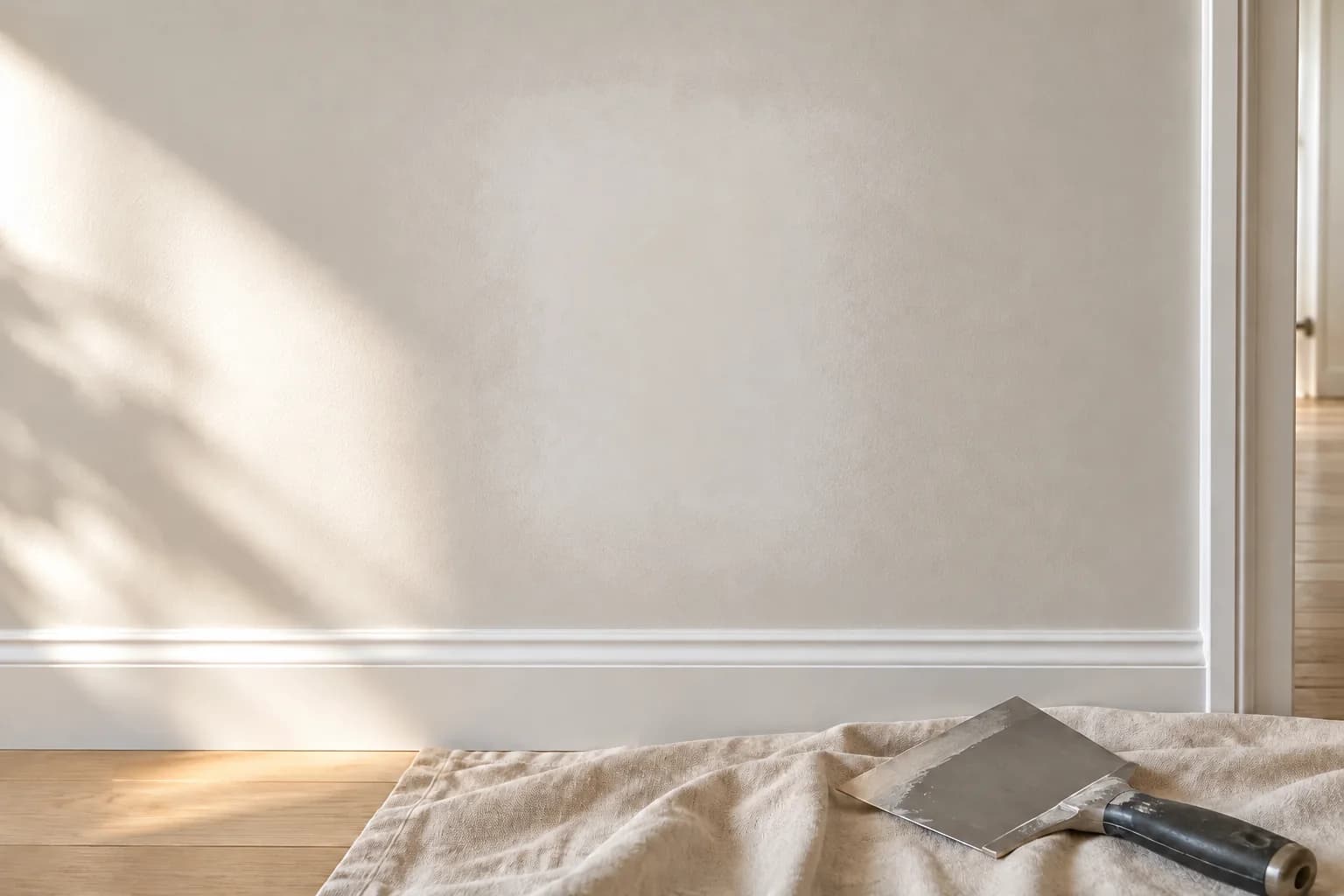 Carefully feathered drywall patch above a clean white baseboard, ready for primer