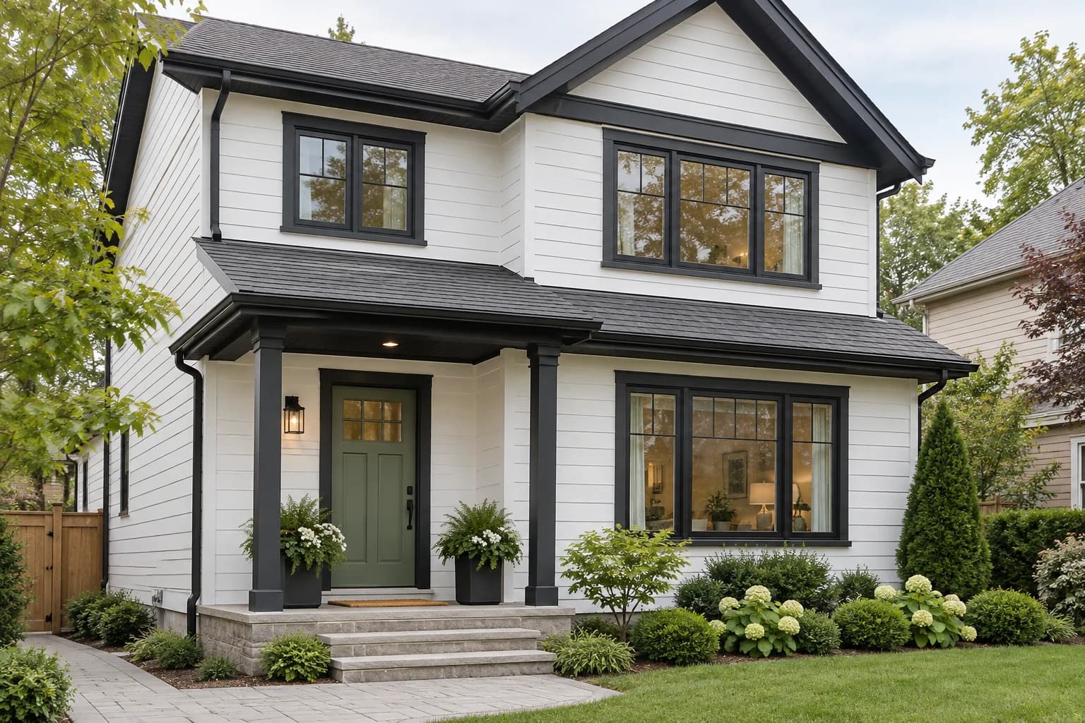 Freshly painted white house siding with charcoal trim and a sage front door