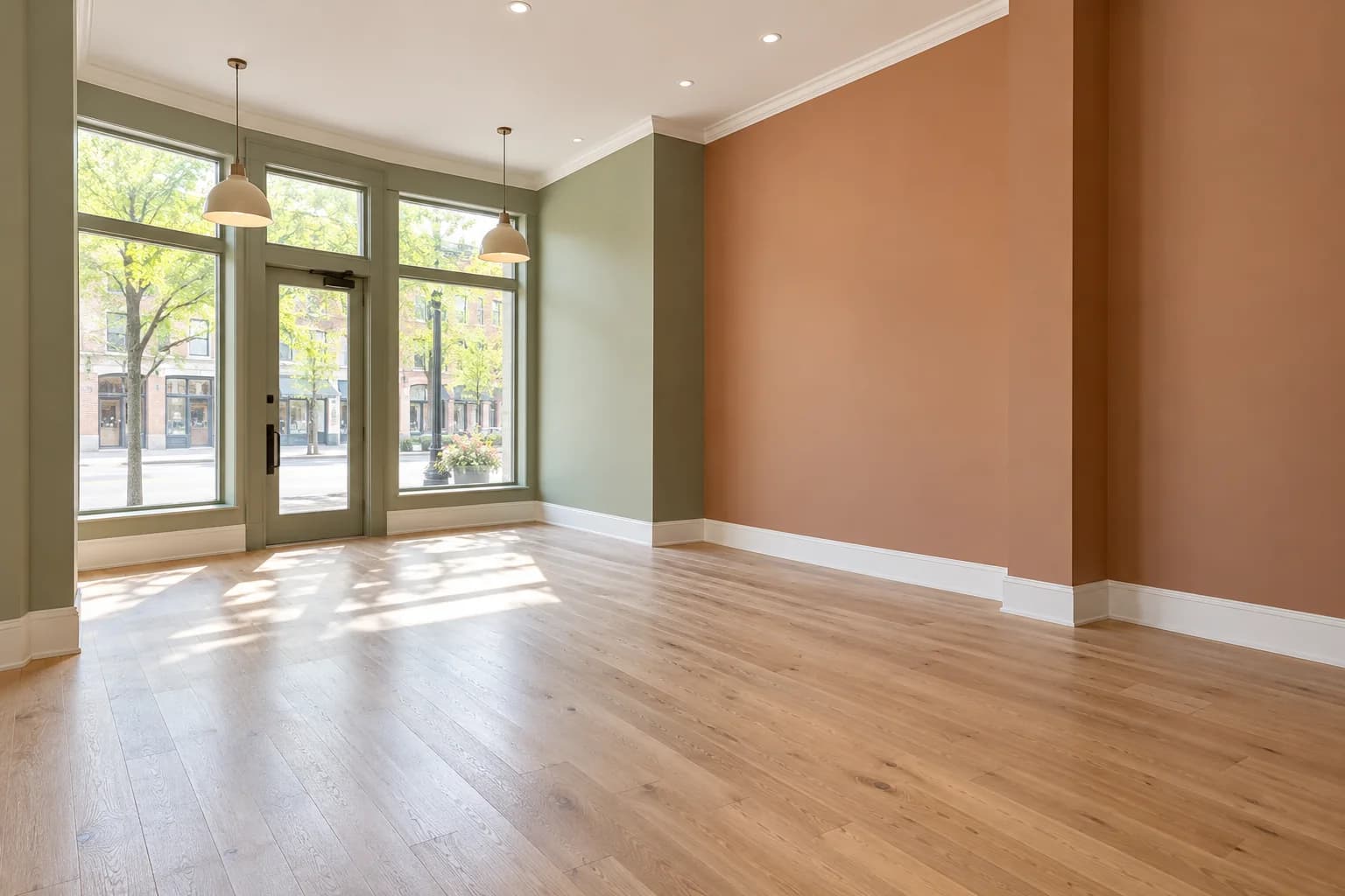 Clean retail interior with freshly painted walls, oak flooring and bright storefront windows
