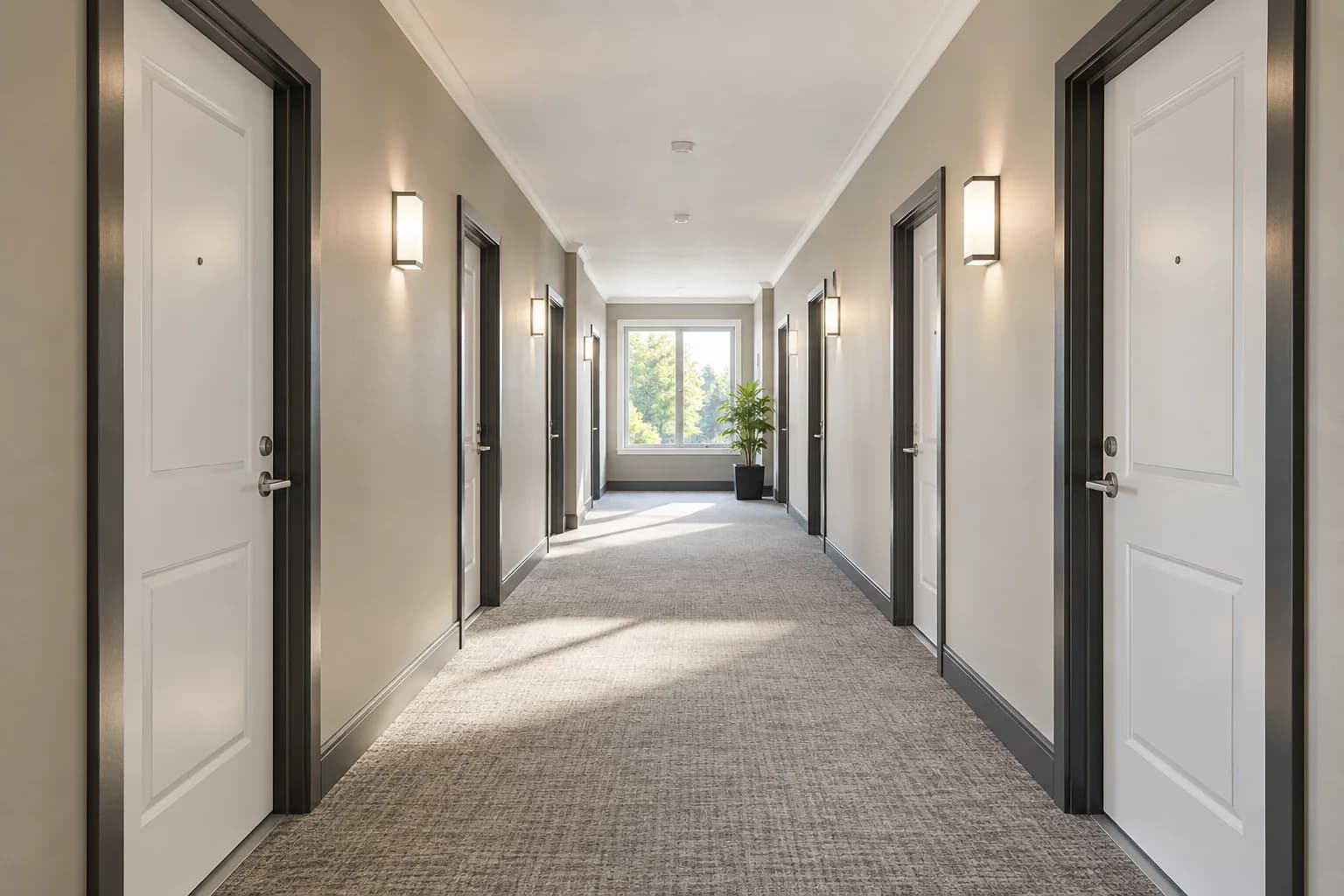 Freshly painted apartment corridor with crisp doors, neutral walls and clean trim